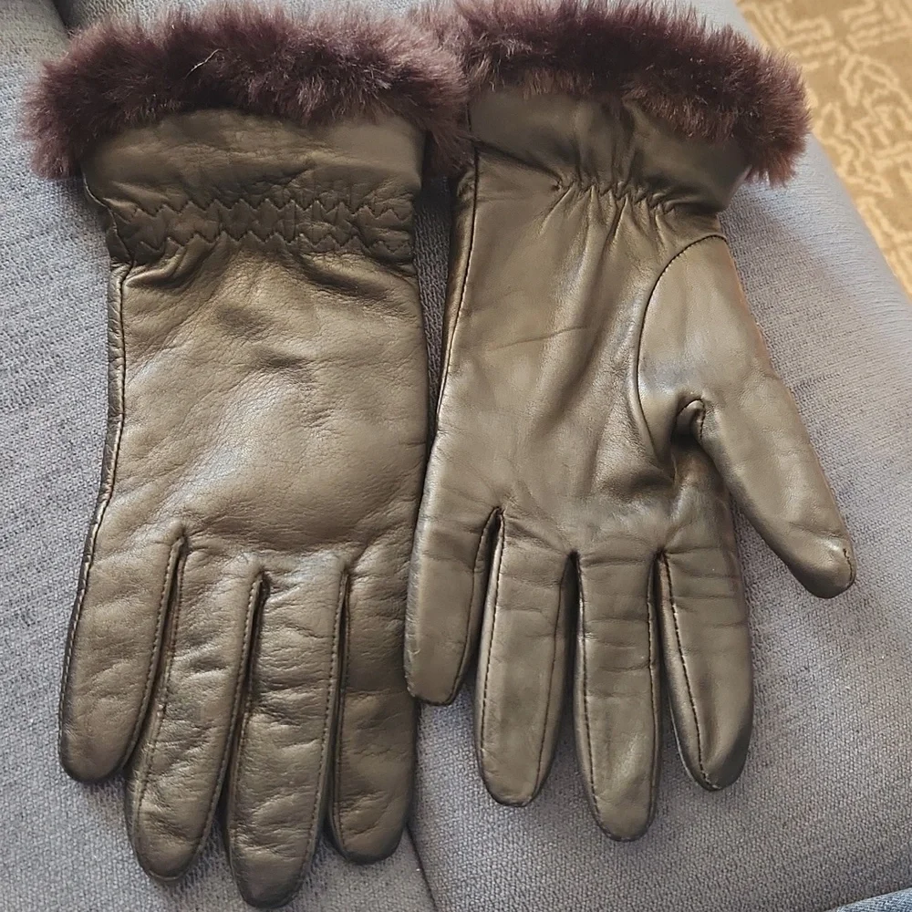 Vintage Fownes Black Genuin Leather Thinsulated Gloves with Faux Fur Trim Sz XL